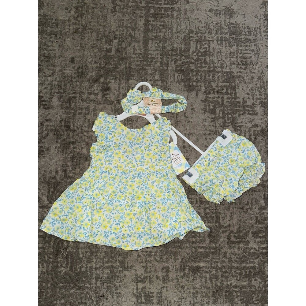 Floral Sun Dress Set Bloomers & Hair Bow Baby Girl Size 3-6m Ruffle Sleeveless